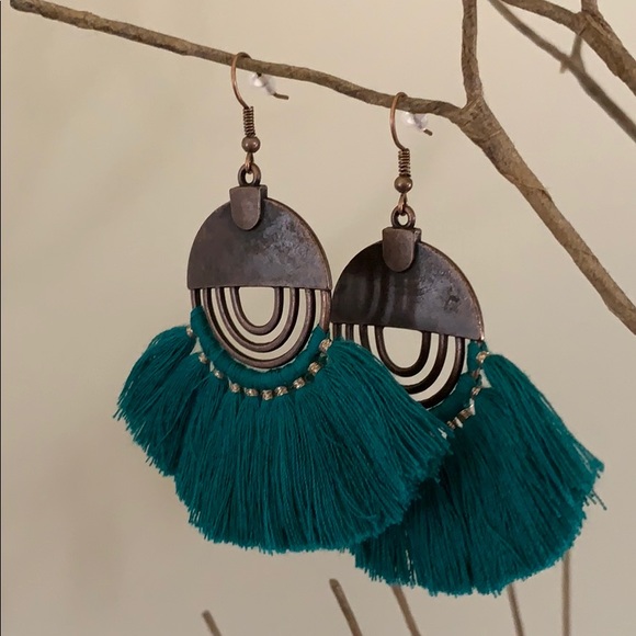 🌟HP🌟 Retro Bohemian Teal Tassel Earrings - Picture 3 of 4